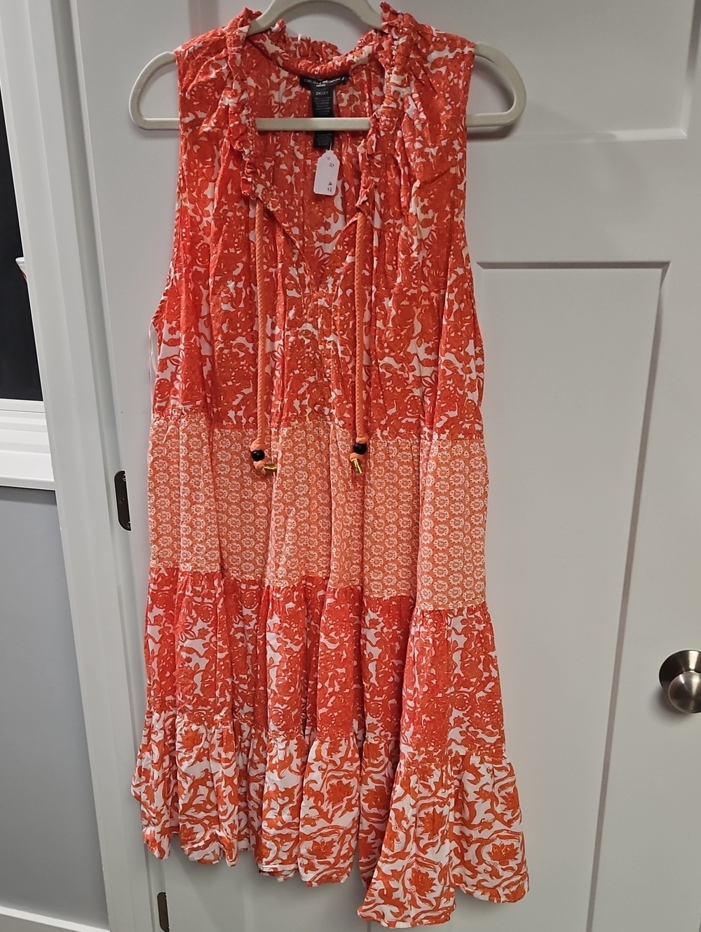 Chelsea & Theodore Coral and White Sleeveless Tiered Midi Dress